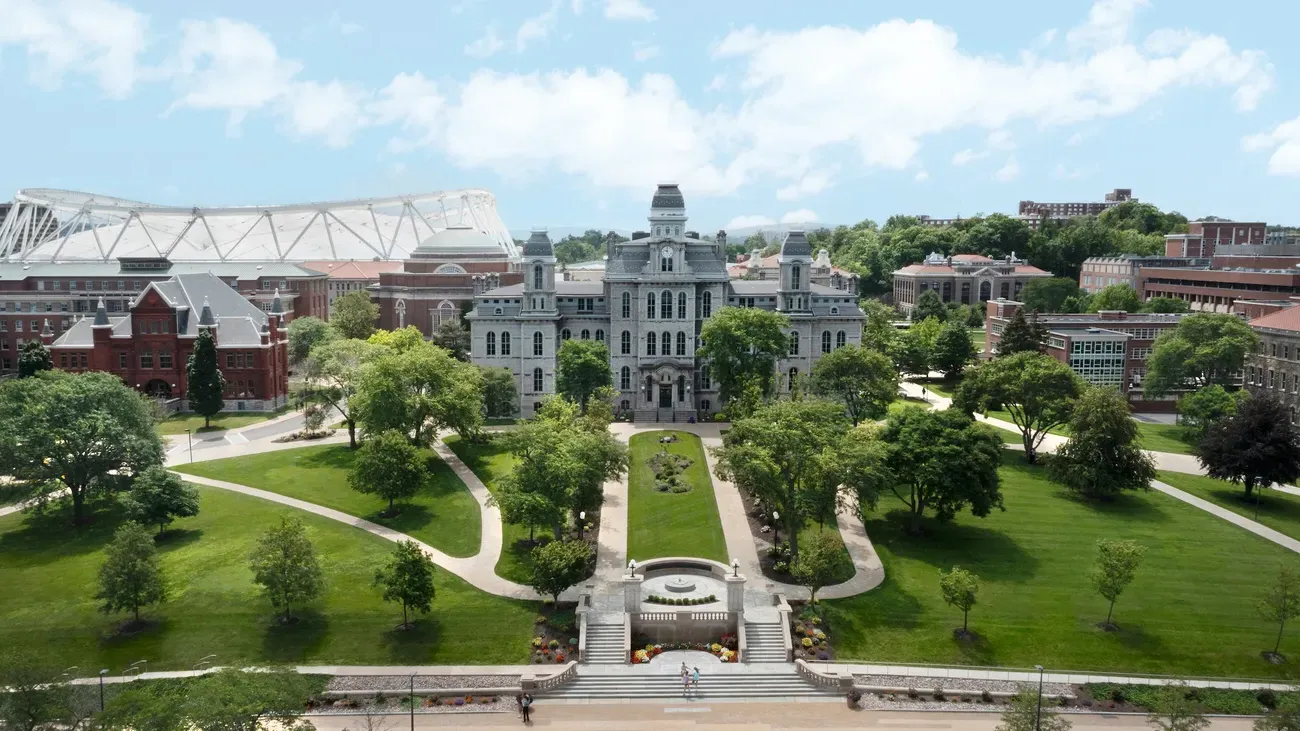 Overhead photo of campus features the Hall of Languages.